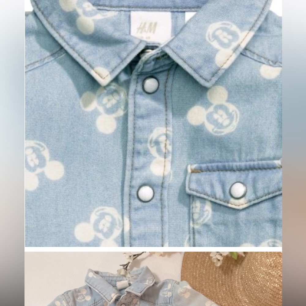 H&M Light blue/Mickey Mouse Patterned Denim Button Down Set (12-18m)F132